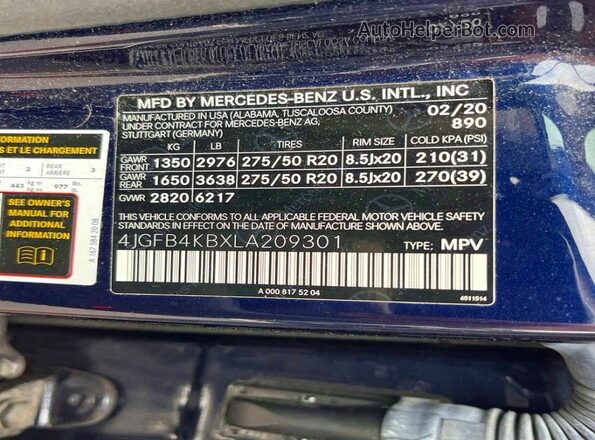 4JGFB4KBXLA209301 2020 MERCEDES-BENZ GLE Blue Вид задньої частини салону