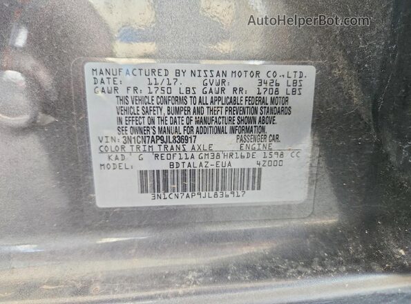 3N1CN7AP9JL836917 2018 NISSAN VERSA Gray Widok naklejki z numerem VIN
