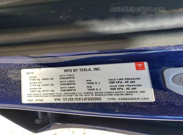 5YJ3E1EA1JF033386 2018 TESLA MODEL Blue VIN sticker view
