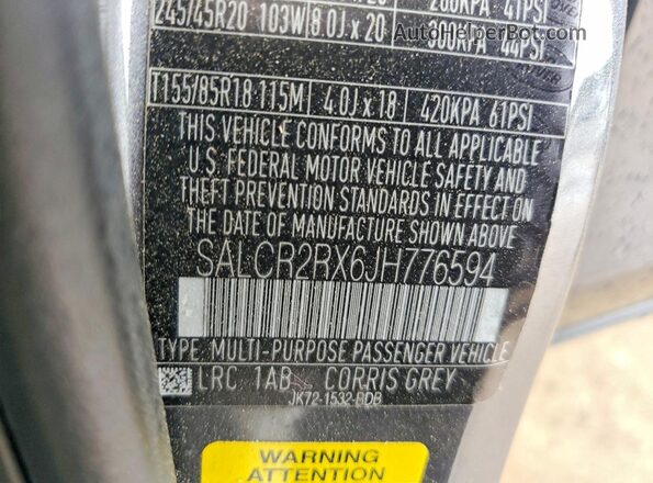 SALCR2RX6JH776594 2018 LAND ROVER DISCOVERY Gray Вид наклейки з VIN-кодом