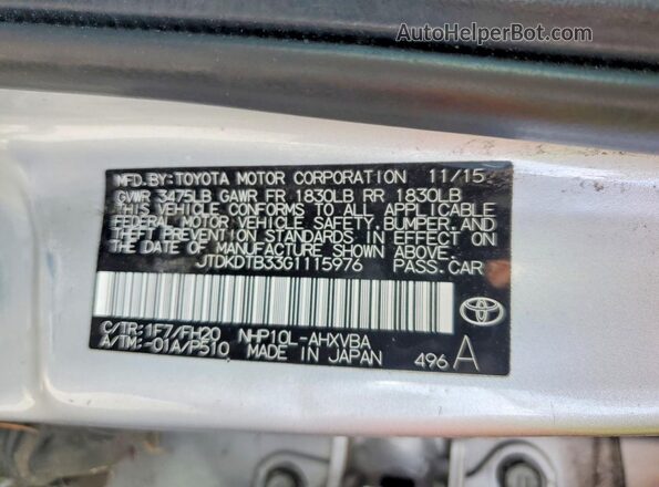 JTDKDTB33G1115976 2016 TOYOTA PRIUS Silver Widok naklejki z numerem VIN