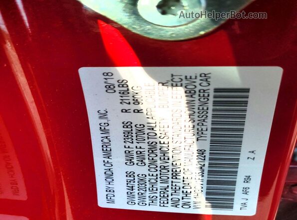 1HGCV1F35JA212248 2018 HONDA ACCORD Red Widok naklejki z numerem VIN