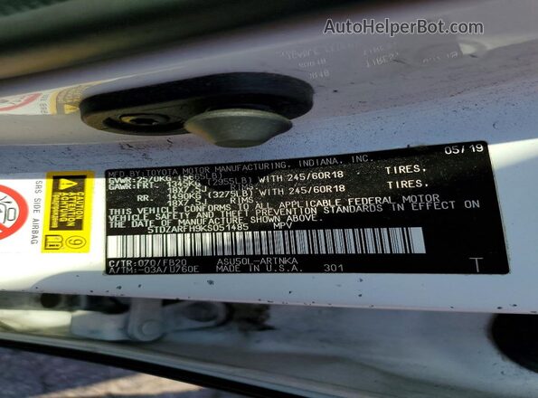 5TDZARFH9KS051485 2019 TOYOTA HIGHLANDER White Vista interior de 360 grados