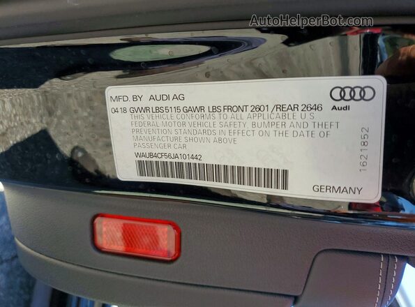 WAUB4CF56JA101442 2018 AUDI OTHER Черный Вид наклейки с VIN-кодом