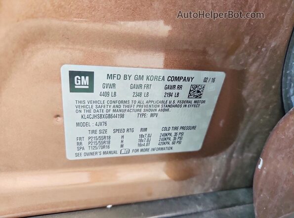 KL4CJHSBXGB644198 2016 BUICK ENCORE Коричневый Вид наклейки с VIN-кодом