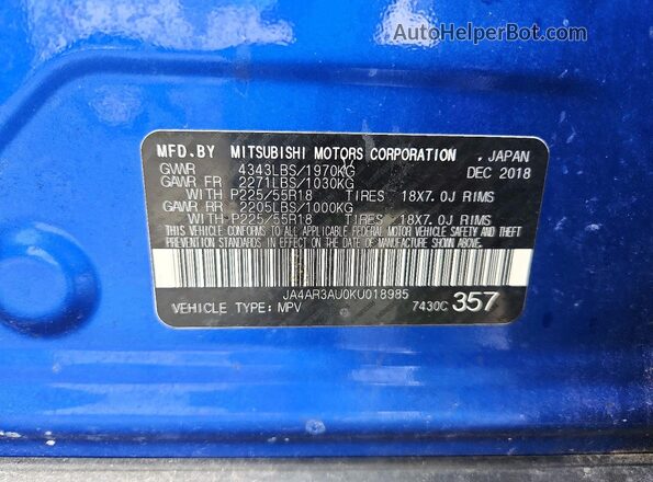 JA4AR3AU0KU018985 2019 MITSUBISHI OUTLANDER Blue VIN კოდის სტიკერის ხედი