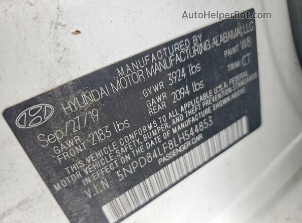 5NPD84LF8LH544853 2020 HYUNDAI ELANTRA White VIN კოდის სტიკერის ხედი