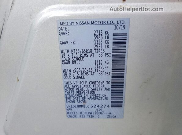 5N1DL0MM8LC524274 2020 INFINITI QX60 Silver 