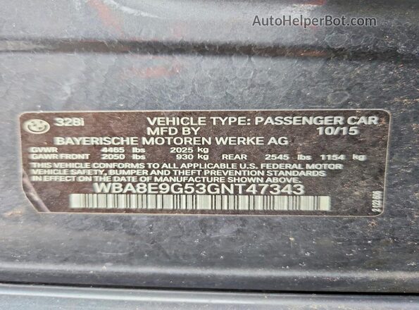 WBA8E9G53GNT47343 2016 BMW 3 SERIES Gray Вид наклейки з VIN-кодом