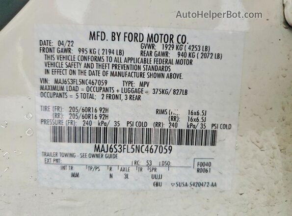 MAJ6S3FL5NC467059 2022 FORD ECOSPORT Two Tone Панорамний вид салону 360°