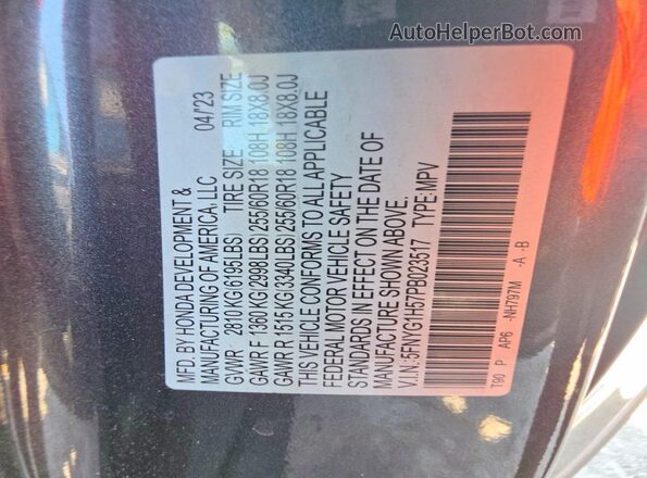 5FNYG1H57PB023517 2023 HONDA PILOT Gray Հետևի նստատեղերի տեսք
