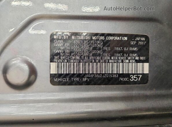 JA4AP3AU2JZ015383 2018 MITSUBISHI OUTLANDER Gray Панорамний вид салону 360°