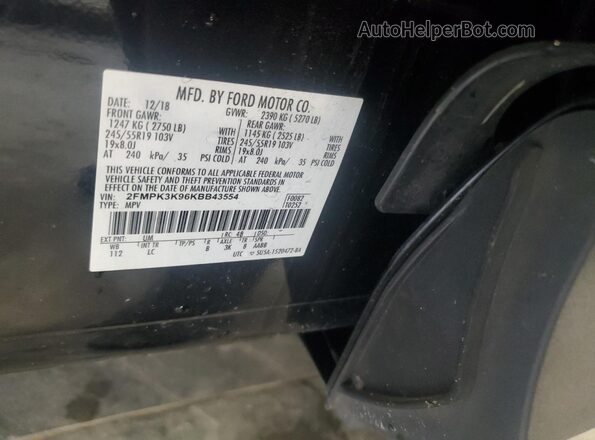 2FMPK3K96KBB43554 2019 FORD EDGE Black 360 interior view