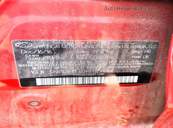 5NPD84LF0HH174084 2017 HYUNDAI ELANTRA Red VIN კოდის სტიკერის ხედი