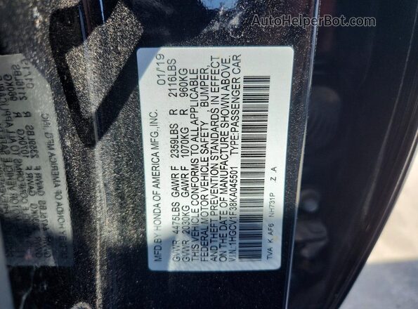1HGCV1F38KA045501 2019 HONDA ACCORD Black Widok naklejki z numerem VIN
