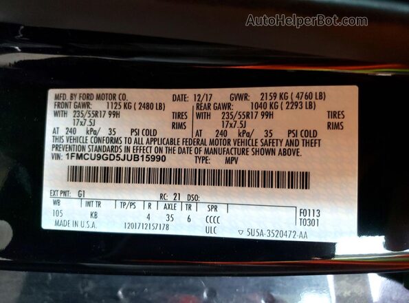 1FMCU9GD5JUB15990 2018 FORD ESCAPE Black Панорамний вид салону 360°