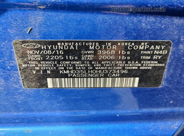 KMHD35LH0HU373496 2017 HYUNDAI ELANTRA Blue Панорамний вид салону 360°