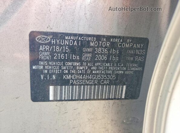 KMHDH4AH4GU535305 2016 HYUNDAI ELANTRA Silver VIN կոդի պիտակի տեսք