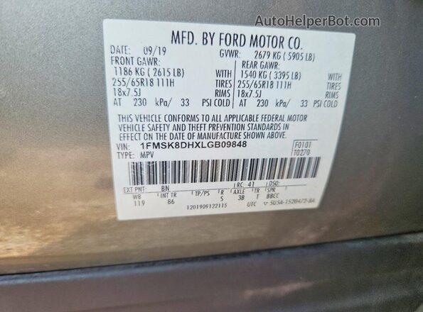 1FMSK8DHXLGB09848 2020 FORD EXPLORER Green Вид наклейки з VIN-кодом