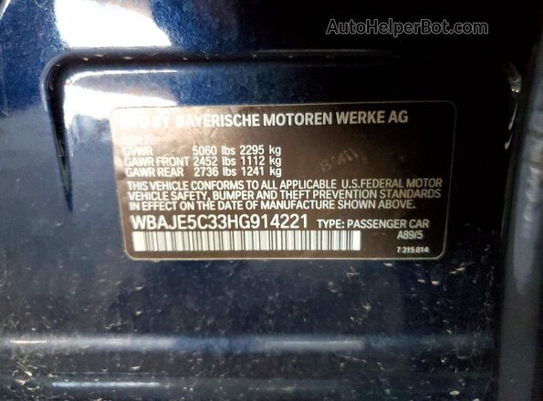 WBAJE5C33HG914221 2017 BMW 5 SERIES Синий Вид наклейки с VIN-кодом