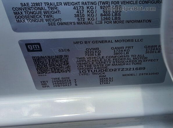 1GTUUDED2TZ321689 2026 GMC SIERRA White Widok wnętrza z tyłu