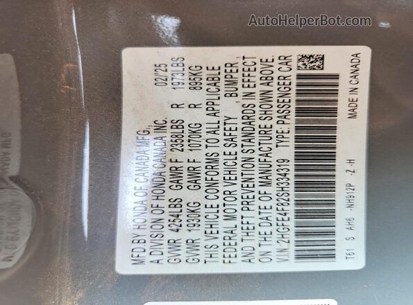 2HGFE4F82SH334319 2025 HONDA CIVIC Gray VIN sticker view