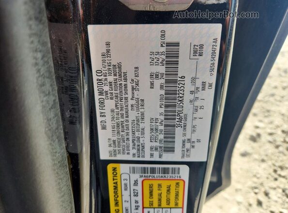 3FA6P0LU5KR235216 2019 FORD FUSION Black Widok wnętrza 360 stopni