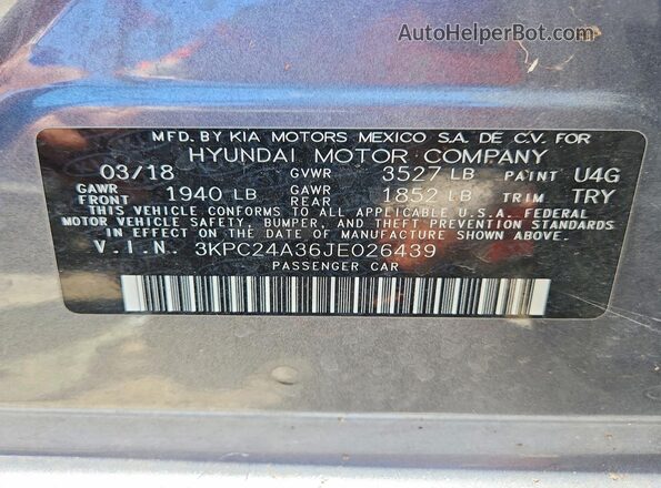 3KPC24A36JE026439 2018 HYUNDAI ACCENT Gray VIN sticker view
