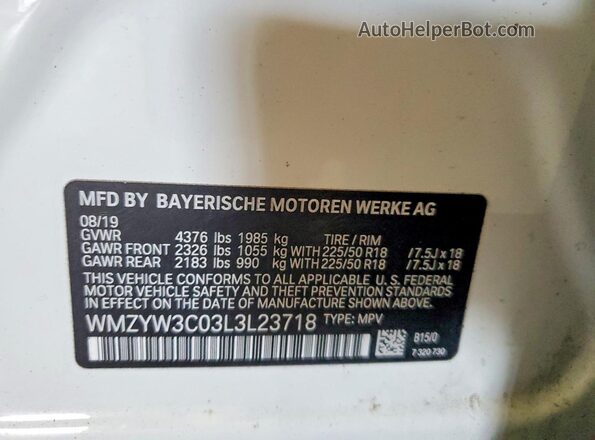 WMZYW3C03L3L23718 2020 MINI COOPER White VIN կոդի պիտակի տեսք