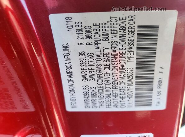 1HGCV1F10JA253823 2018 HONDA ACCORD Red VIN კოდის სტიკერის ხედი