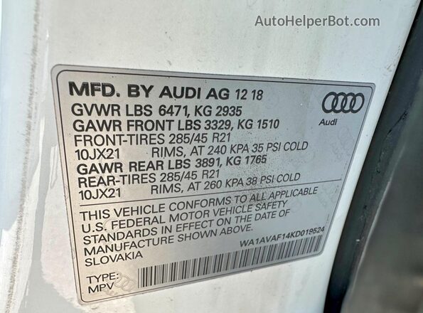 WA1AVAF14KD019524 2019 AUDI Q8 Белый Вид задней части салона