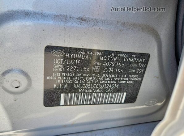 KMHC85LC6KU124614 2019 HYUNDAI IONIQ Silver VIN კოდის სტიკერის ხედი