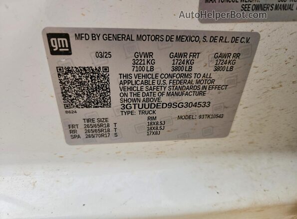 3GTUUDED9SG304533 2025 GMC SIERRA White VIN sticker view