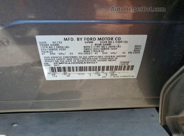 2FMPK4J95NBA59527 2022 FORD EDGE Gray Панорамний вид салону 360°