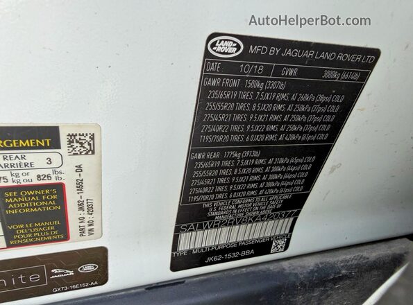 SALWR2RV8KA420377 2019 LAND ROVER RANGE ROVER Белый Вид задних сидений
