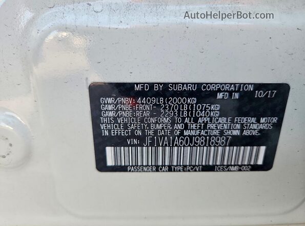 JF1VA1A60J9818987 2018 SUBARU WRX White VIN sticker view