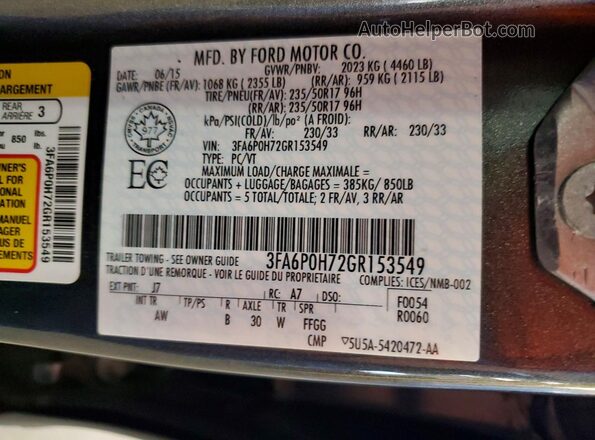 3FA6P0H72GR153549 2016 FORD FUSION Gray Панорамний вид салону 360°