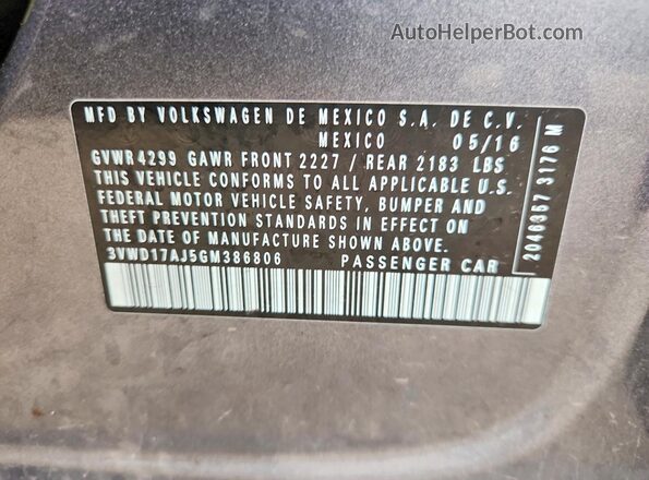 3VWD17AJ5GM386806 2016 VOLKSWAGEN JETTA Gray Вид наклейки з VIN-кодом