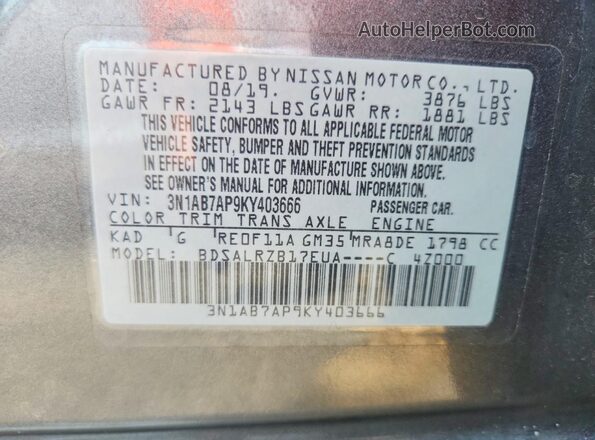 3N1AB7AP9KY403666 2019 NISSAN SENTRA Серый Вид наклейки с VIN-кодом