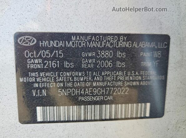 5NPDH4AE9GH772022 2016 HYUNDAI ELANTRA Белый Вид наклейки с VIN-кодом