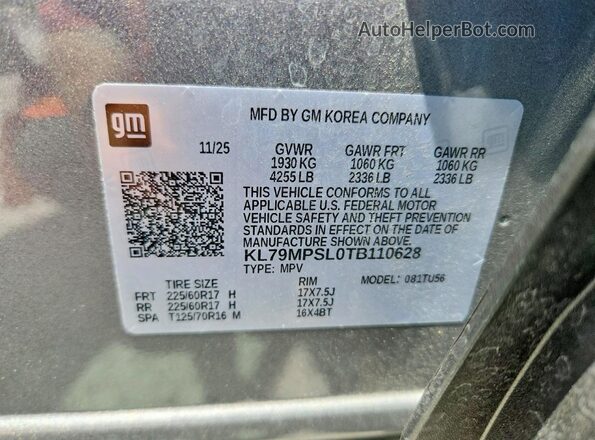 KL79MPSL0TB110628 2026 CHEVROLET TRAILBLAZER Gray Vista interior de 360 grados
