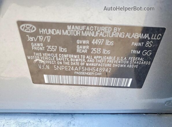 5NPE24AF5HH548942 2017 HYUNDAI SONATA Gray Вид наклейки з VIN-кодом