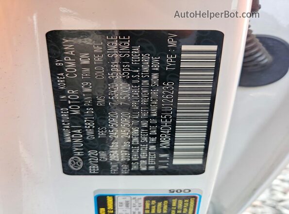 KM8R4DHE5LU126236 2020 HYUNDAI PALISADE White Widok naklejki z numerem VIN