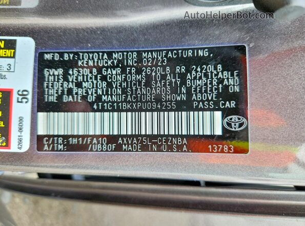 4T1C11BKXPU094255 2023 TOYOTA CAMRY Серый Вид наклейки с VIN-кодом