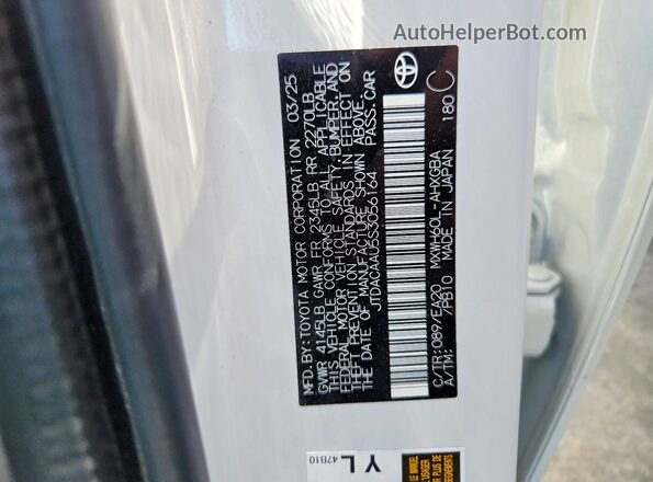 JTDACAAU5S3056164 2025 TOYOTA PRIUS White VIN կոդի պիտակի տեսք