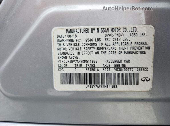 JN1EV7AP8KM511966 2019 INFINITI Q50 Silver Панорамний вид салону 360°