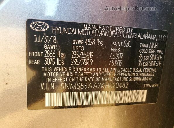 5NMS53AA2KH020482 2019 HYUNDAI SANTA FE Gray Vista interior de 360 grados