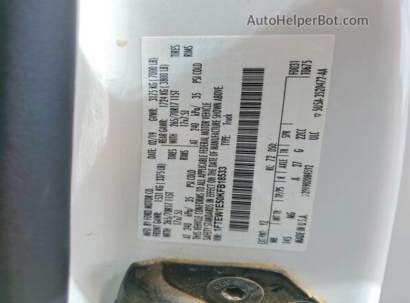 1FTEW1E50KFB18533 2019 FORD F150 White Vista de la etiqueta del VIN