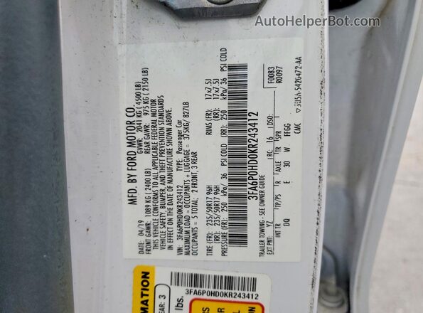 3FA6P0HD0KR243412 2019 FORD FUSION White Vista de la etiqueta del VIN