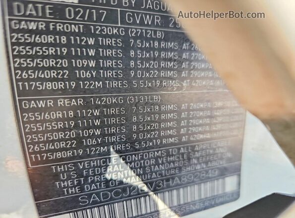 SADCJ2BV3HA892849 2017 JAGUAR F-PACE White Widok wnętrza 360 stopni